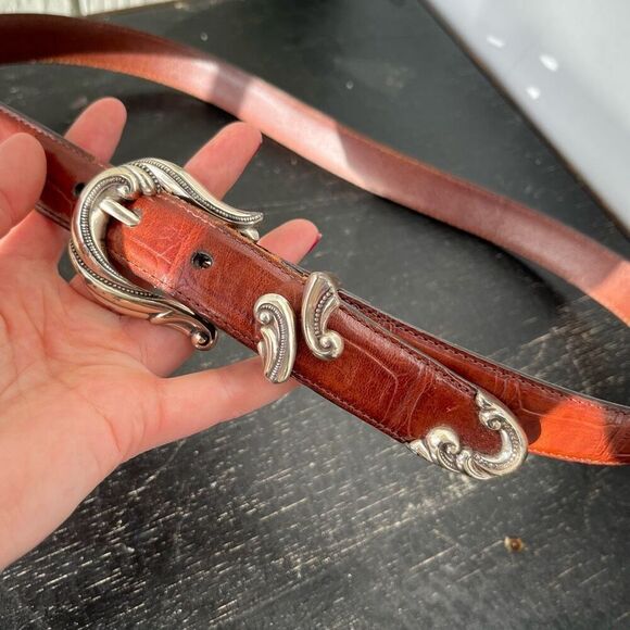 Vintage Croc Embossed Leather Belt 32.5–37" Western Silver Buckle - Picture 1 of 7